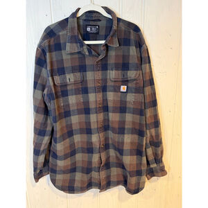 Men's Carhartt Plaid Casual Button Down Shirt XXL Brown Blue